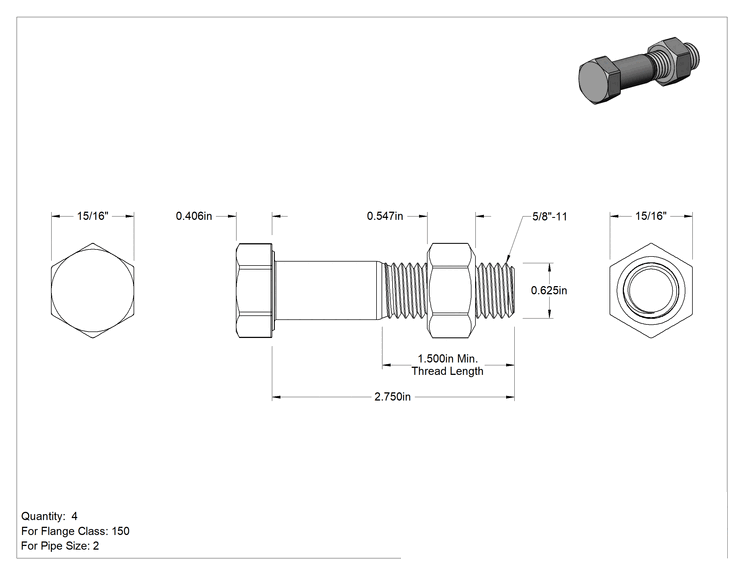 Teknik Çizim - Boru Flanşları için Altıgen Vida ve Somun Kiti, 316 Paslanmaz Çelik, Sınıf 125/150, 5/8"-11 Diş, 2 Boru Boyutu için