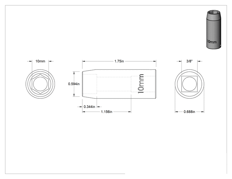 Teknik Çizim - İnce Cidarlı 6 Uçlu Darbeli Lokma Anahtarı, 3/8" Kare Tahrik, 10 mm Boyut, 1-3/4" Toplam Uzunluk