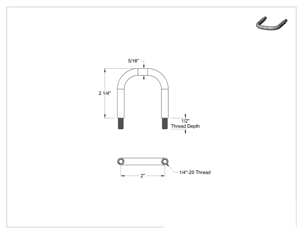 Teknik Çizim - Yuvarlak Tutma Kolu, Alüminyum, 1/4"-20 Diş Boyutu, 2" Genişlik Merkezden Merkeze