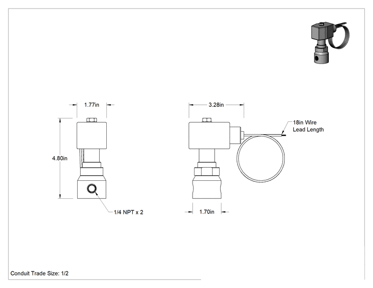 Teknik Çizim - 304 Paslanmaz Çelik Gövdeli Solenoid Açma/Kapama Vanası, Kriyojenik Sıvılar için, 1/4 NPT Dişi