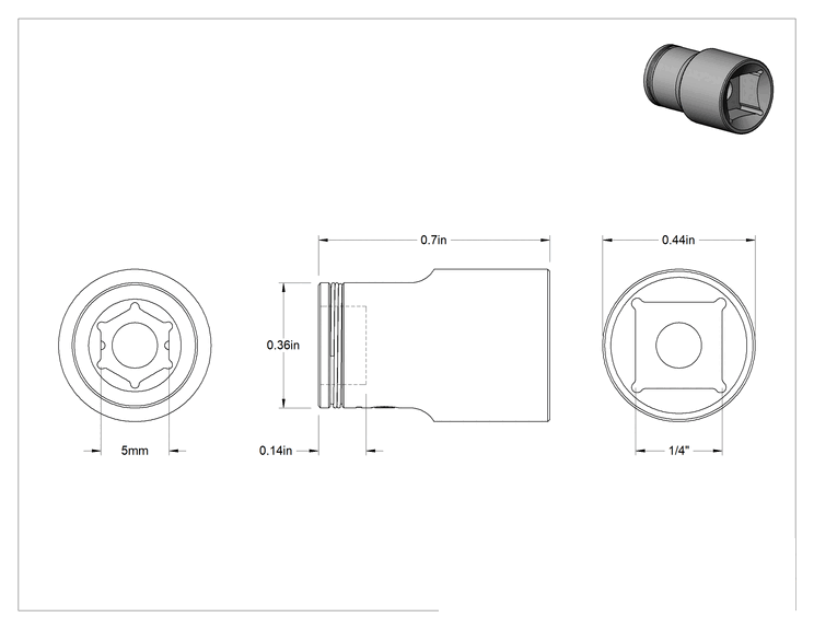 Teknik Çizim - Bağlantı Elemanı Tutucu 6 Uçlu Lokma Anahtarı, 1/4" Kare Tahrik, 5 mm Tahrik Boyutu