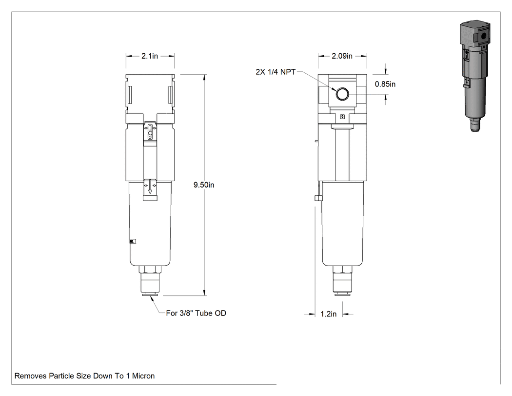 Teknik Çizim - Yağ giderme amaçlı basınçlı hava ayırıcı, Şeffaf Kase, 1/4 NPT Dişi, 26 scfm @ 100 PSI