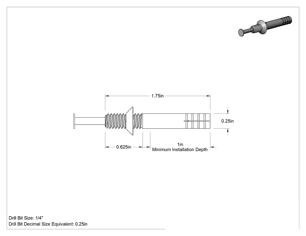 Teknik Çizim - Blok ve Tuğla için Titreşime Dayanıklı Sürüş Ankrajları, Kurcalamaya Dayanıklı, 1/4" Çap, 1-3/4" Uzunluk