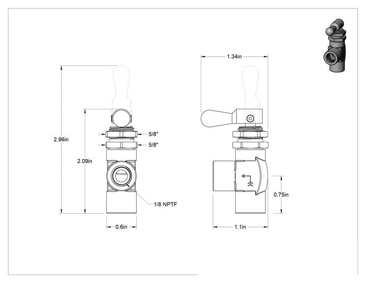 Teknik Çizim - Hızlı Çalışan Panel Montajlı Pirinç Açma/Kapama Vanası, Toggle Anahtarlı, Dirsek, 1/8 NPTF Dişi