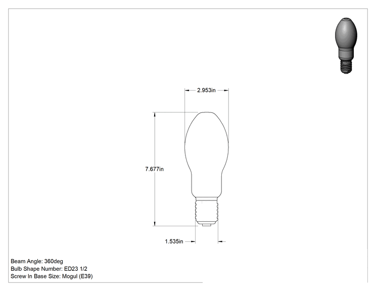 Teknik Çizim - Ampul, Yüksek Basınçlı Sodyum, Koni, E39 Taban, 50W, 3700 lümen