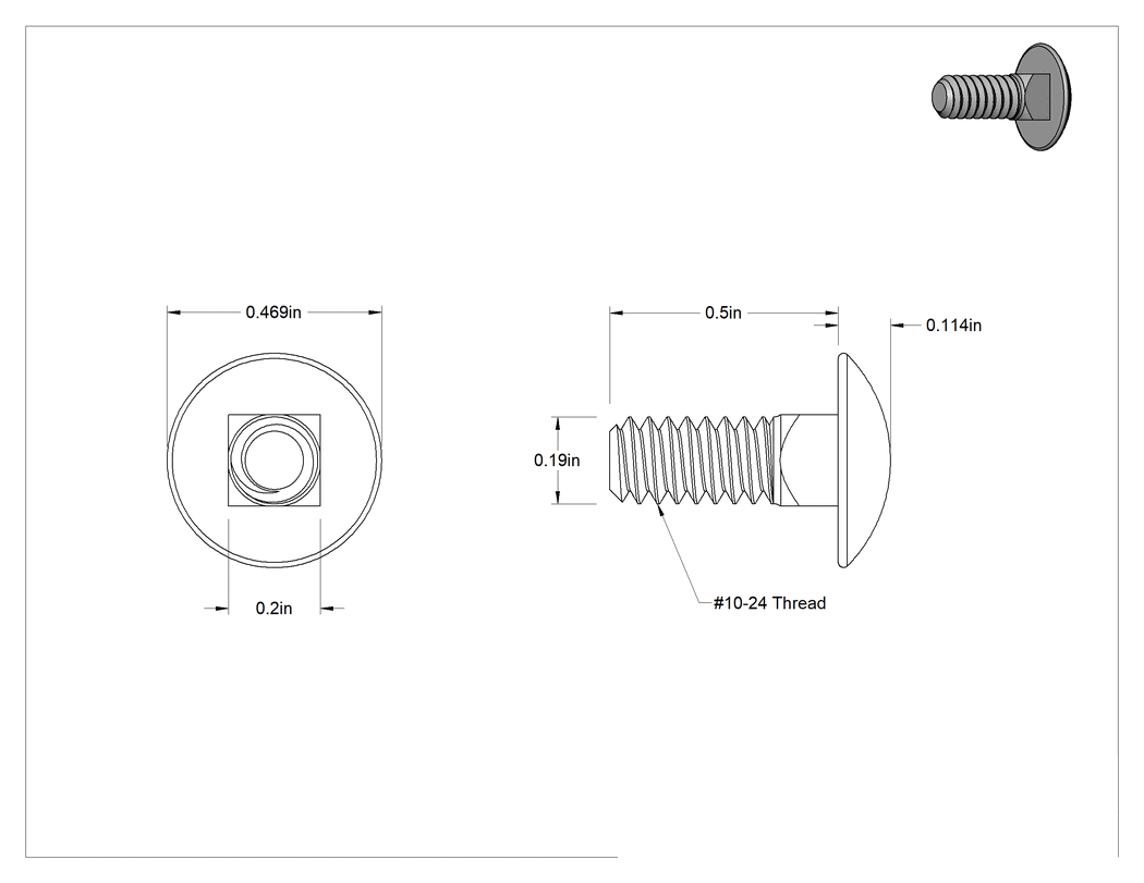 Teknik Çizim - Çinko Kaplı Sınıf 2 Çelik Kare Boyunlu Taşıma Cıvatası, Düşük Mukavemetli, 10-24 Diş Boyutu, 1/2" Uzunluk