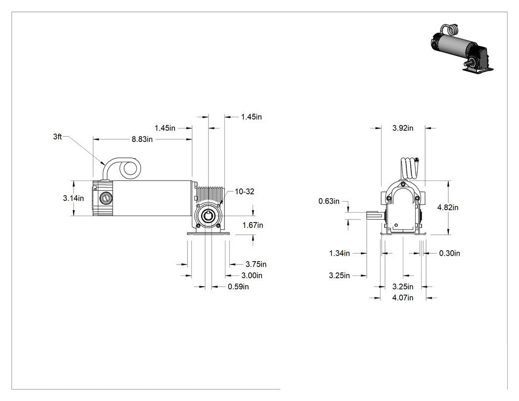 Teknik Çizim - Dik Açılı DC Dişliotor, İçi Boş Gövde/Çıkarılabilir Mil, 1/4hp, 60 rpm@120 in.-lb.
