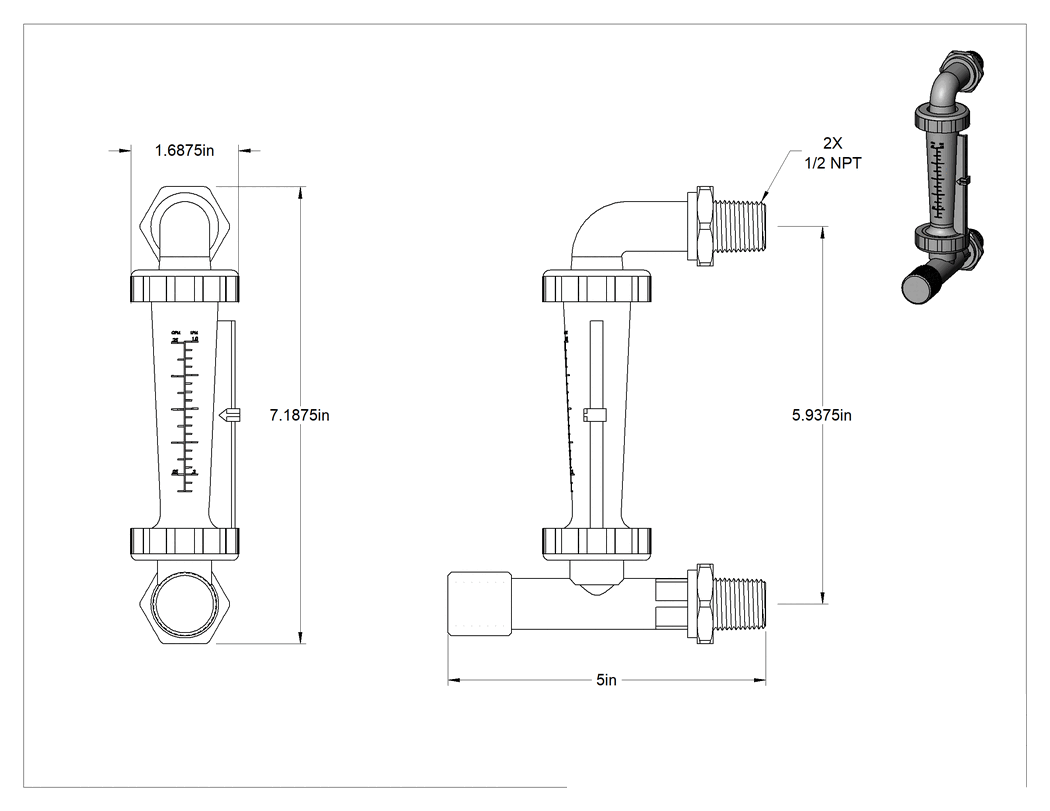 Teknik Çizim - Yüksek Sıcaklık Panel Montajlı Akış Ölçer, Akış Kontrol Düğmesi, 1/2 NPT Erkek, 0.025 ila 0.250 gpm