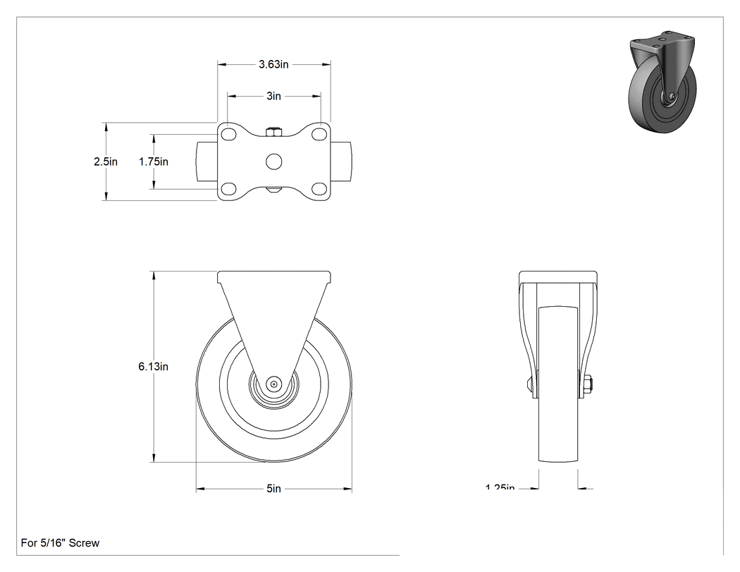 Teknik Çizim - Cart-King Tekerlek, 5" Çaplı Tread-on-Core 75A Kauçuk Tekerlekli Sert