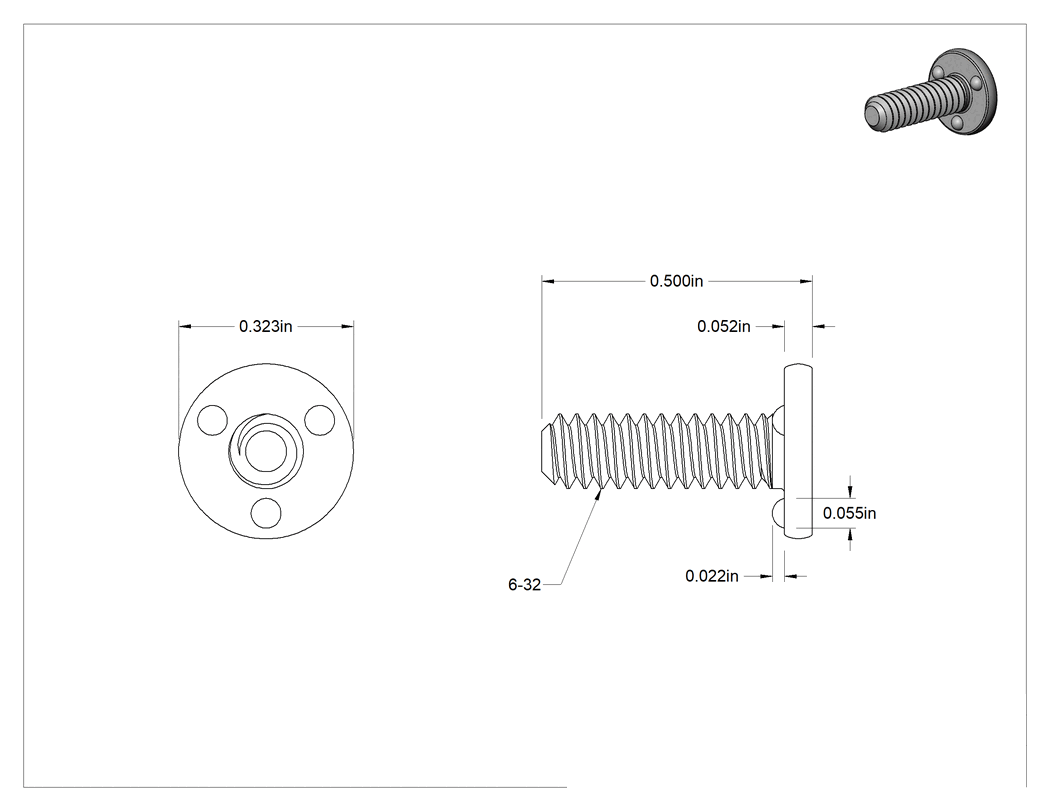 Teknik Çizim - Kaynaklı Saplamalar, Çelik, 6-32 Diş Boyutu, 1/2" Uzunluk, 0.323" Taban Çapı