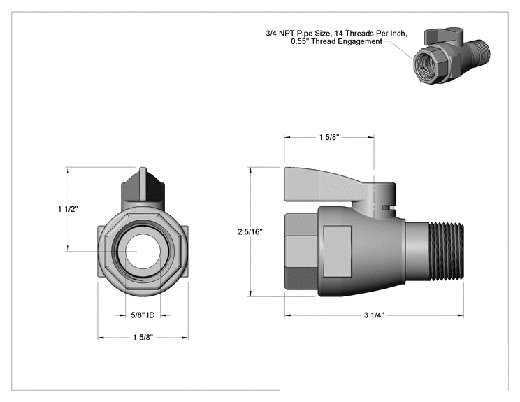 Teknik Çizim - Plastik Dişli Açma/Kapama Valfi, Kompakt, Açık Gri PVC, 3/4 NPT Dişi x 3/4 NPT Erkek