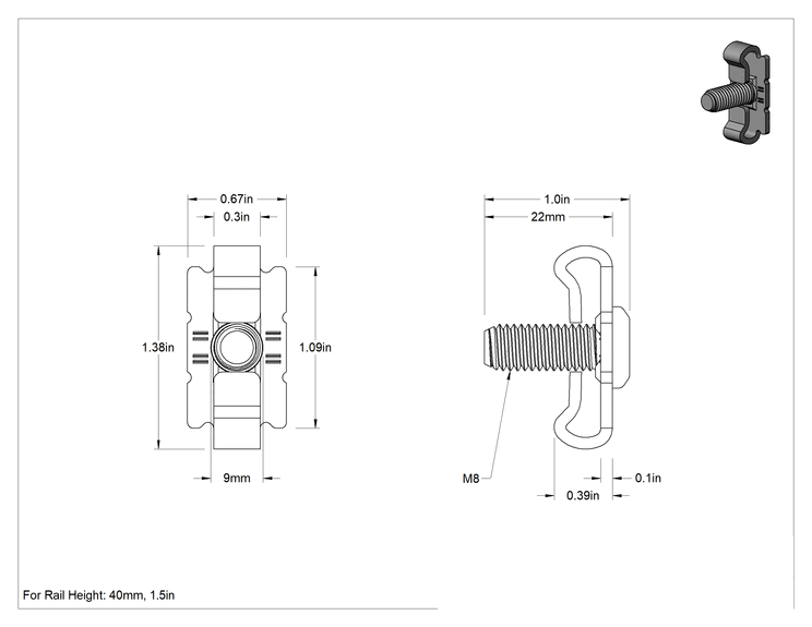 Teknik Çizim - T-Yivli Çerçeve Yapısal Braket, Tırnaklı Gizli Braket, 1.5 ve 40 mm Yüksekliğinde Ray için