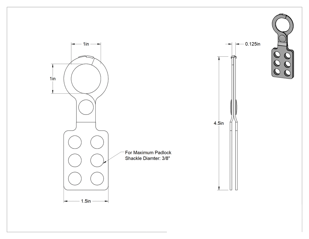 Teknik Çizim - Kaldırmaya Dayanıklı Kilitli Mandal Kilidi, Vinil Kaplı Çelik, 1" x 1" Mandal Boşluğu