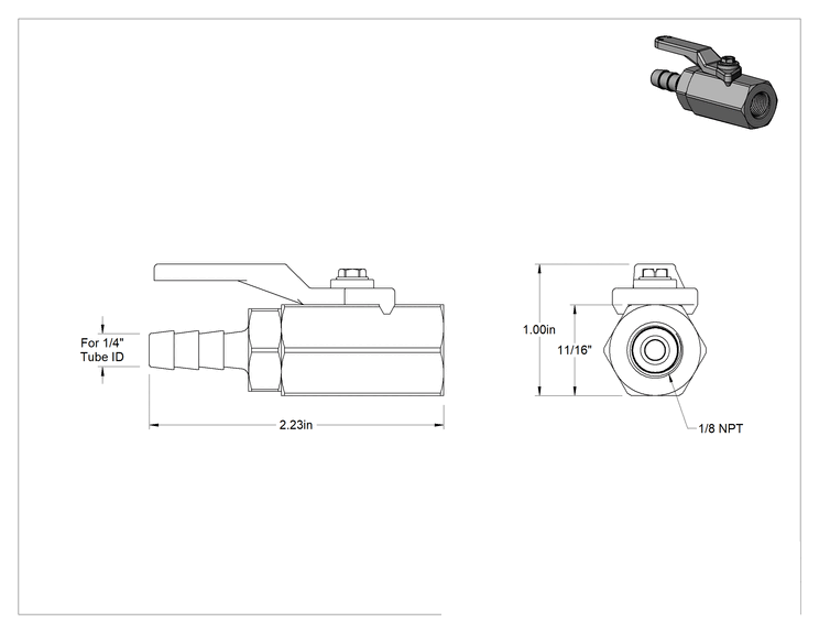 Teknik Çizim - Dişli Bağlantı Parçalı Kompakt Açma/Kapama Valfi, Kol Kollu, 1/8 NPT Dişi x 1/4" Boru İç Çapı için Tırnaklı