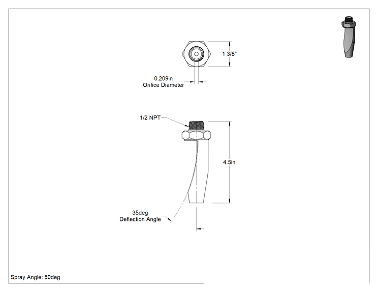 Teknik Çizim - Yüksek Darbe Dayanımlı Saptırmalı Düz Püskürtme Nozulu, Pirinç, 1/2 NPT Erkek, 5.6 gpm @ 20 PSI