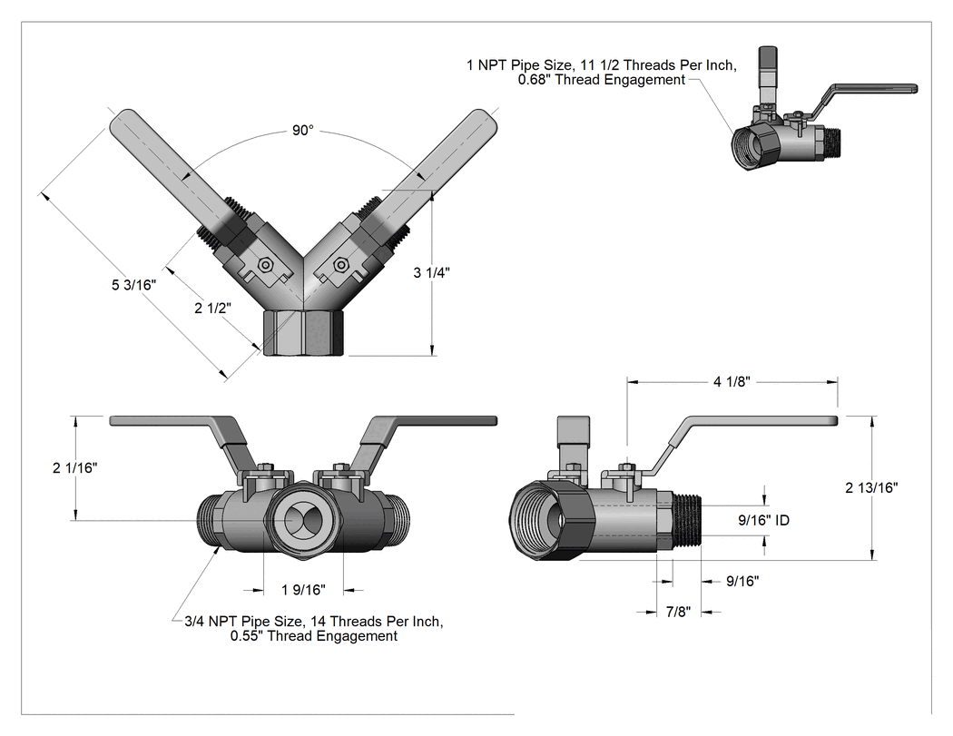 Teknik Çizim - Çift Kapatmalı Dişli Yön Değiştirme Vanası, 1 NPT Dişi x 3/4 NPT Erkek x 3/4 NPT Erkek
