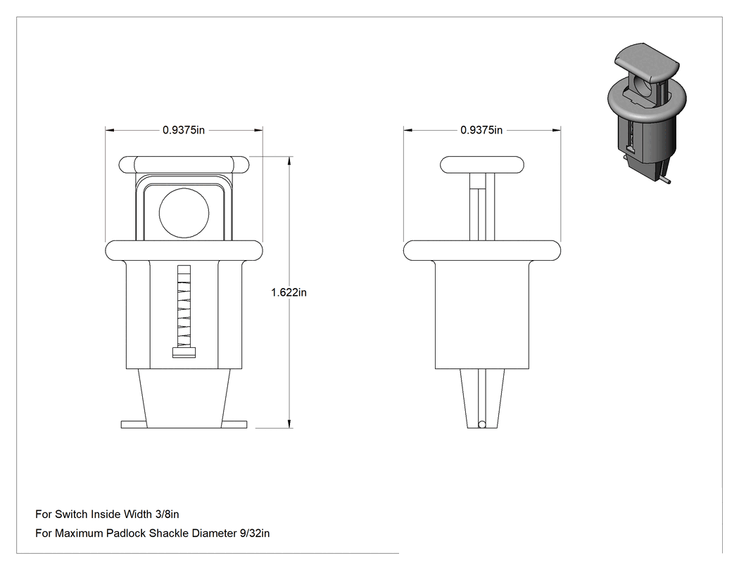 Teknik Çizim - DIN Ray Montajlı Devre Kesici Kilidi, Pin-Out, 3/8" Anahtar İç Genişliği için