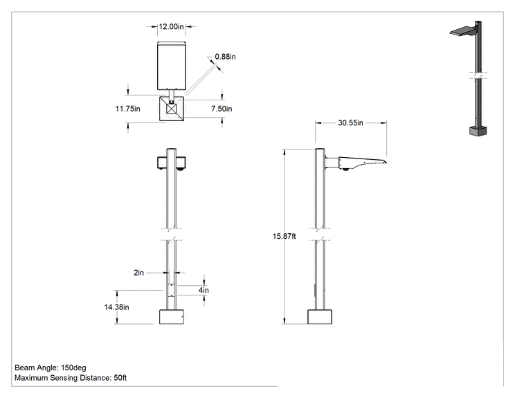 Teknik Çizim - Direkli Kolay Takılan Direk Üstü Projektör, 1 Başlık, 16' Yükseklik x 30-1/2" Toplam Uzunluk, 21200 lümen