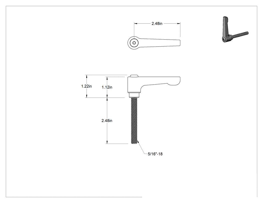 Teknik Çizim - Düşük Profilli Ayarlanabilir Tutamak, 5/16"-18 Dişli 2-7/16" Uzunlukta Saplama, Siyah Çinko