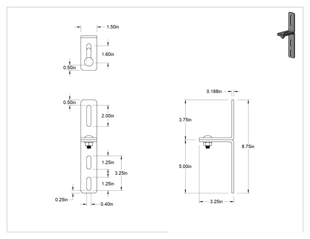 Teknik Çizim - 3-1/4" x 8-3/4" x 3/16" İki Parçalı L-Braket