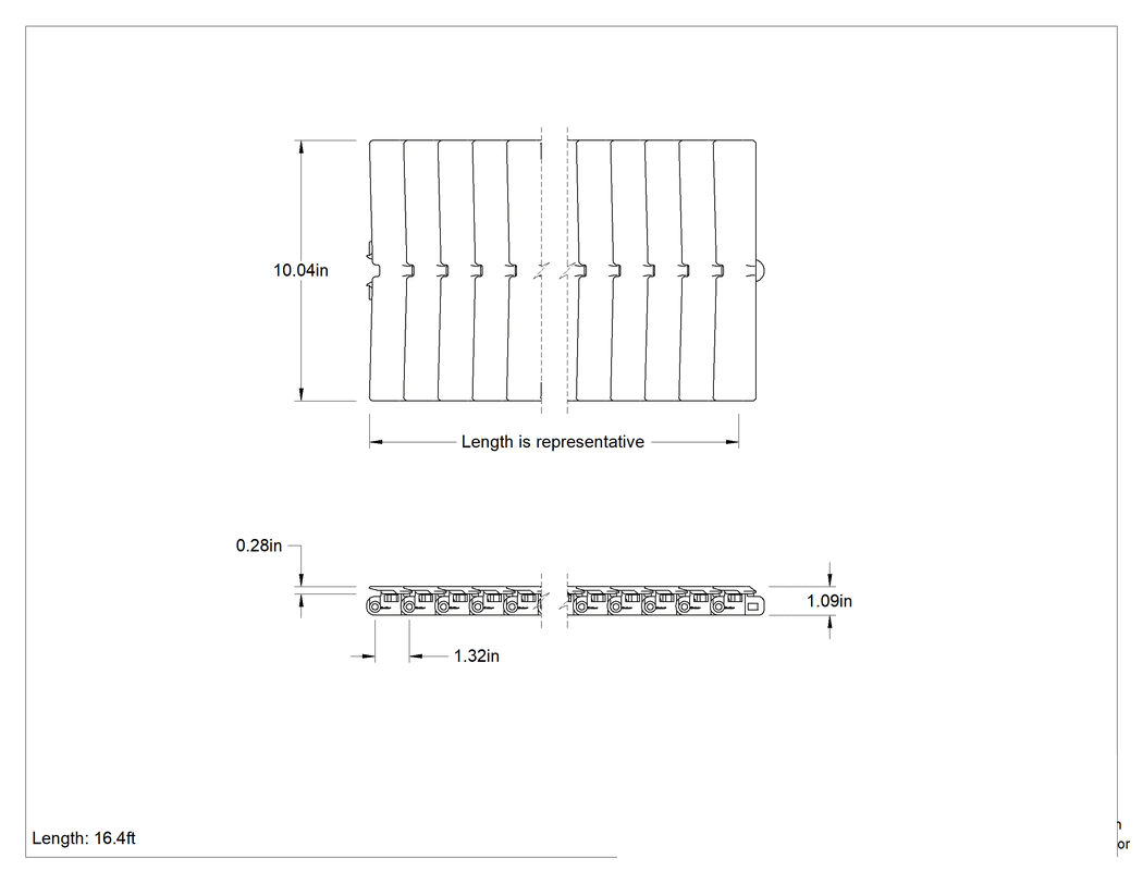 Teknik Çizim - Modüler Mini Zincirli Konveyör için Pürüzsüz Yüzeyli 10.25" Genişlik x 15' Uzunlukta Kayış