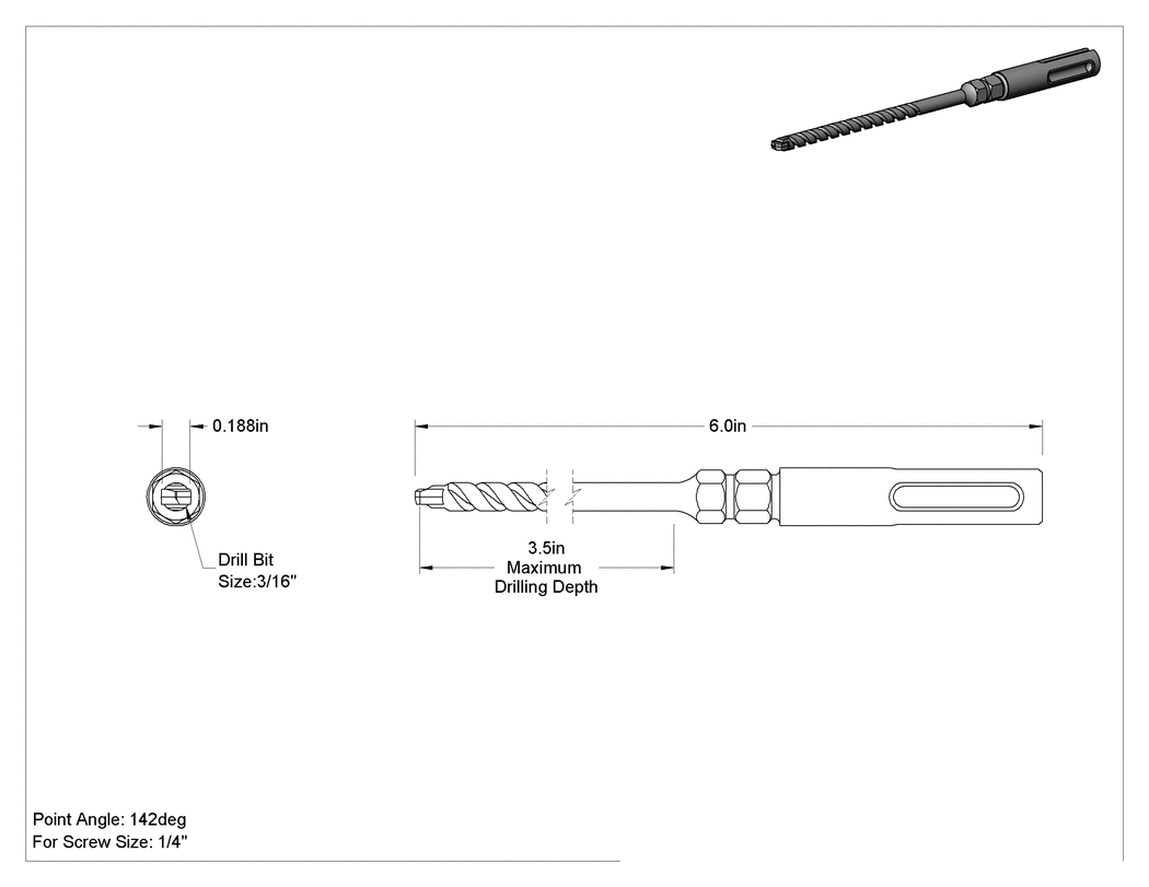 Teknik Çizim - 1/4" Vida Boyutu için, 6" Uzunlukta SDS-Plus-Shank Matkap Ucu