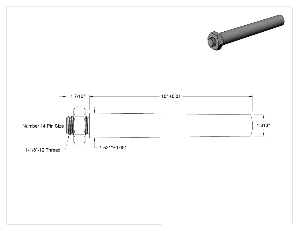 Teknik Çizim - 12L14 Karbon Çelik Dişli Konik Pim, 14 Numaralı Pim, 1.521" Büyük Uç Çapı, 10" Uzunluk