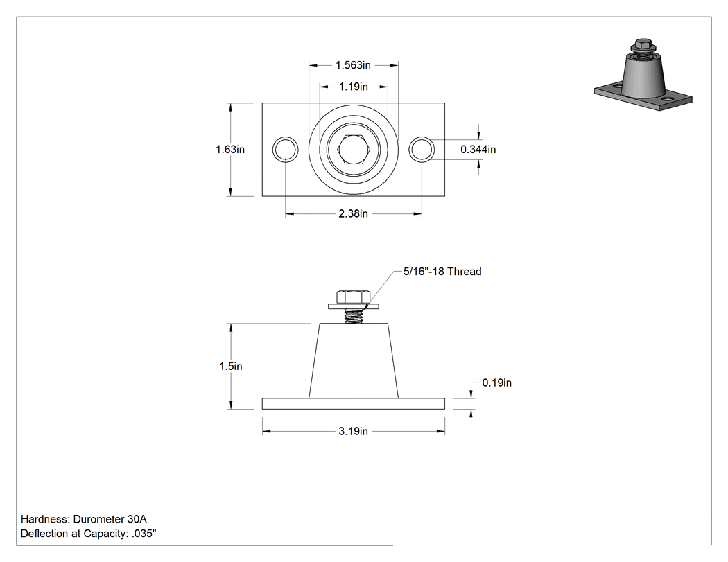 Teknik Çizim - Neopren Titreşim Sönümleyici Cıvatalı Montaj, Çelik Tabanlı, 5/16"-18 Dişli Ek, 45 lbs. Kapasite