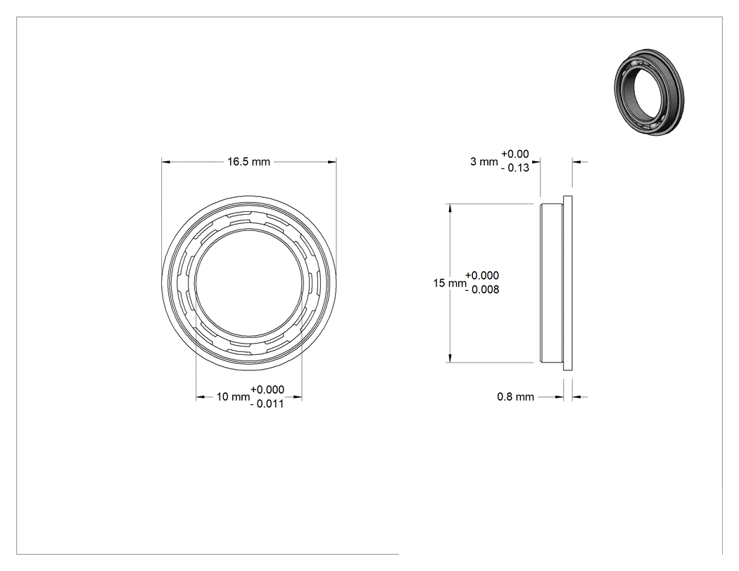 Teknik Çizim - Flanşlı Bilyalı Rulman, Çelik Halkalı, Açık, 10 mm Mil Çapı için, 3 mm Genişlik