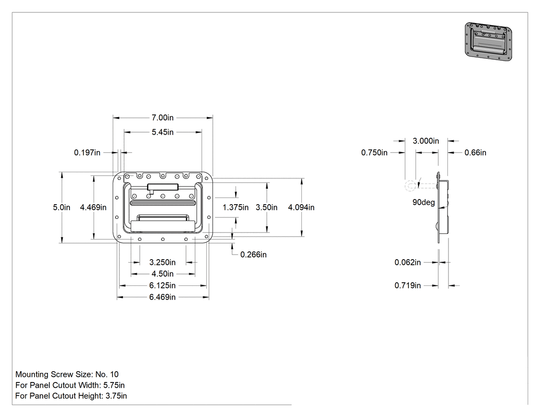 Teknik Çizim - Montaj Plakalı Gömme Katlanır Çekme Kolu, Dişsiz Delikli, Epoksi Kaplı Çelik, 3" Çıkıntı