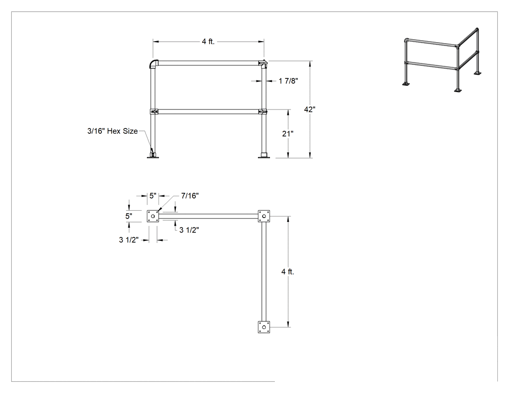 Teknik Çizim - Güvenlik Korkuluğu, Alüminyum, Köşe, 4'0" x 4'0" Uzunluk