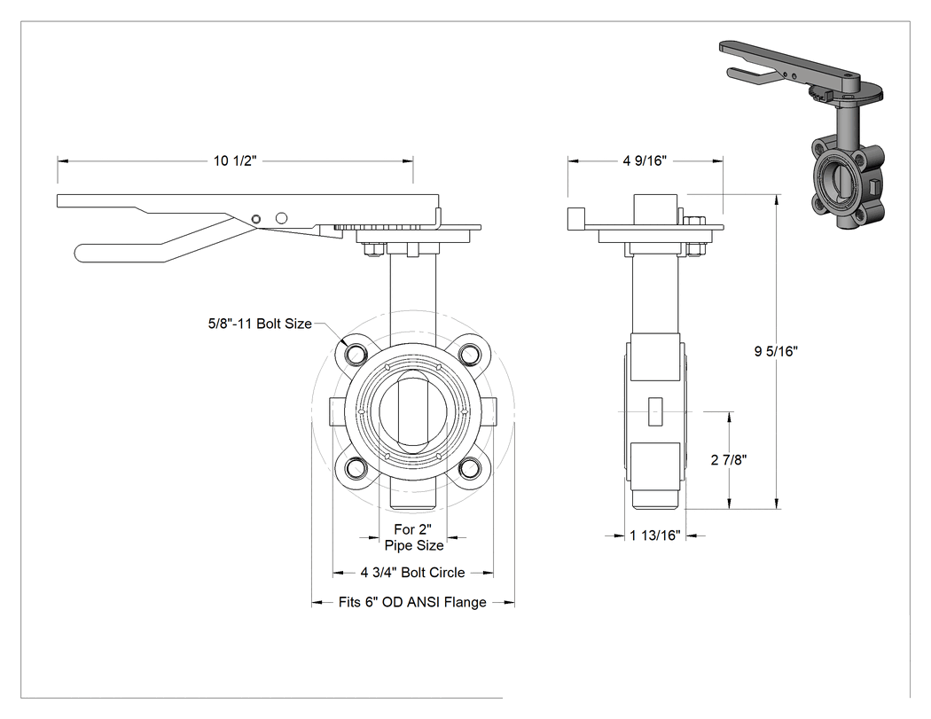 Teknik Çizim - Sfero Döküm Flanş Montajlı Akış Ayar Valfi, Su için Lug Valfi, 2 Boru Boyutu, -20° ila 225°F