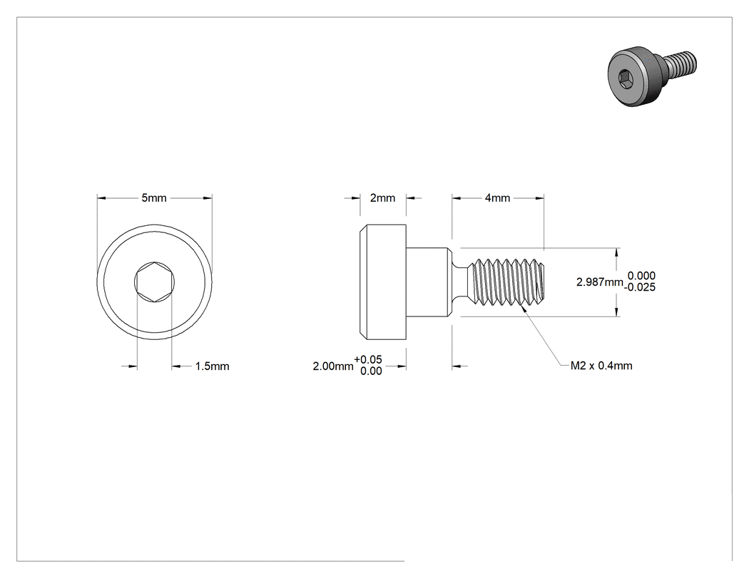 Teknik Çizim - 18-8 Paslanmaz Çelik Hassas Omuzlu Vida, 3 mm Omuz Çapı, 2 mm Omuz Uzunluğu, M2 x 0.4 mm Diş