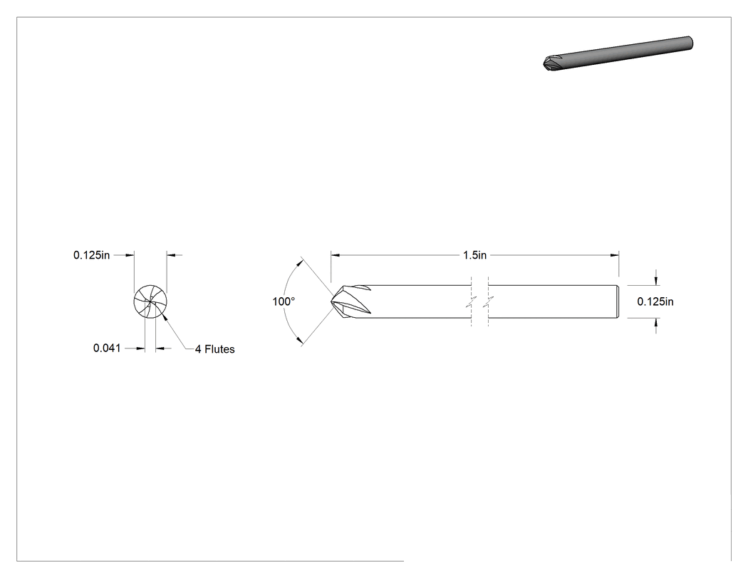 Teknik Çizim - Matkap Ucu Havşa, Perçinler için, Yüksek Hızlı Çelik, 100 Derece, 1/8" Gövde Çapı