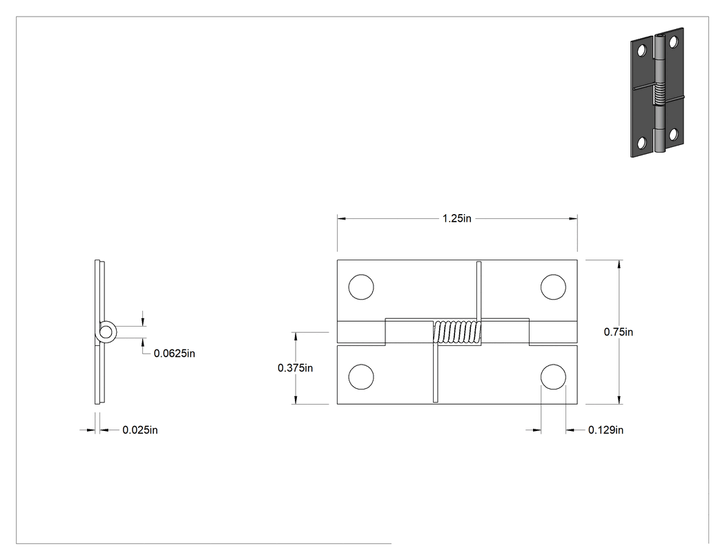 Teknik Çizim - Yaylı Menteşe, Delikli, Kendinden Kapanan, 304 Paslanmaz Çelik, 1-1/4" x 3/8" Kapı Kanadı