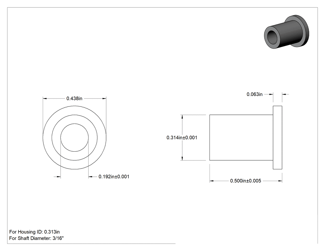 Teknik Çizim - Gıda ve İçecek Sektörü için Kuru Çalışan Burçlu Yatak, Flanş, Rulon, 3/16" Mil ve 5/16" Yuva İç Çapı için, 1/2" Uzunluk