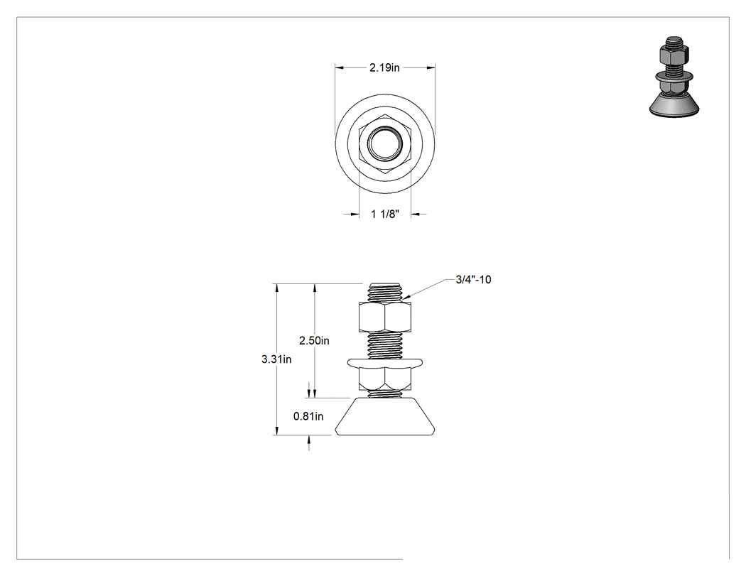 Teknik Çizim - Titreşim Sönümleyici Sert Seviyeleme Montaj Parçası, 3/4"-10 Dişli Saplamalı, 80 lbs. Kapasite