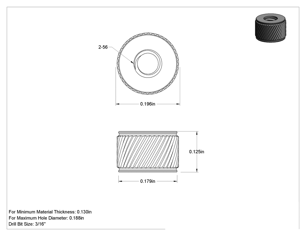 Teknik Çizim - Yumuşak Metal için Pres Geçmeli Ek Parça, 18-8 Paslanmaz Çelik, 2-56 Diş Boyutu, 1/8" Takılı Uzunluk
