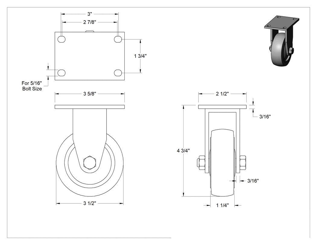 Teknik Çizim - Creston Tekerlek, 3-1/2" Çapında 80D Durometreli Kauçuk Tekerlekli Sert