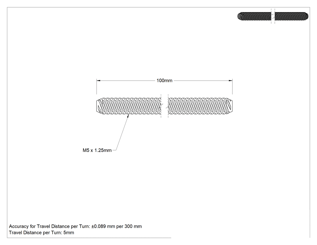 Teknik Çizim - Hızlı Hareketli Ultra Hassas Kılavuz Vida, 4140 Alaşımlı Çelik, M5 x 1.25 mm Diş Boyutu, 100 mm Uzunluk