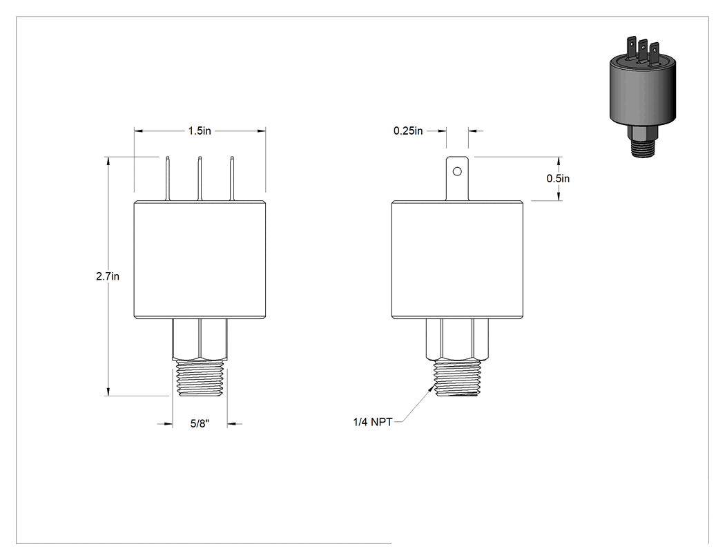 Teknik Çizim - Sabit Ayar Noktalı Vakum Anahtarı, 1/4 NPT Erkek Bağlantı, 2 in. Hg Ayar Noktası