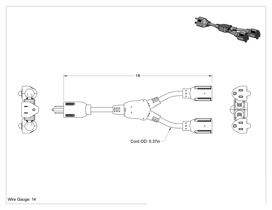 Teknik Çizim - Elektrik Kablosu Adaptörü, 2 Çıkışlı, NEMA 5-15 Fiş x Priz, 1 fit Uzunluk, 14 AWG