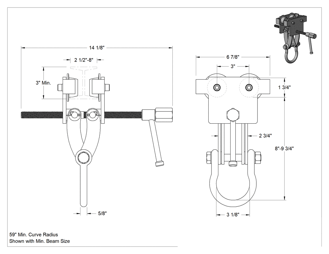 Teknik Çizim - Kolay Kurulum Vinç Taşıyıcısı, Montaj Halkalı, 1 Ton Kapasite, 2-1/2" ila 8" Genişliğinde Kiriş için