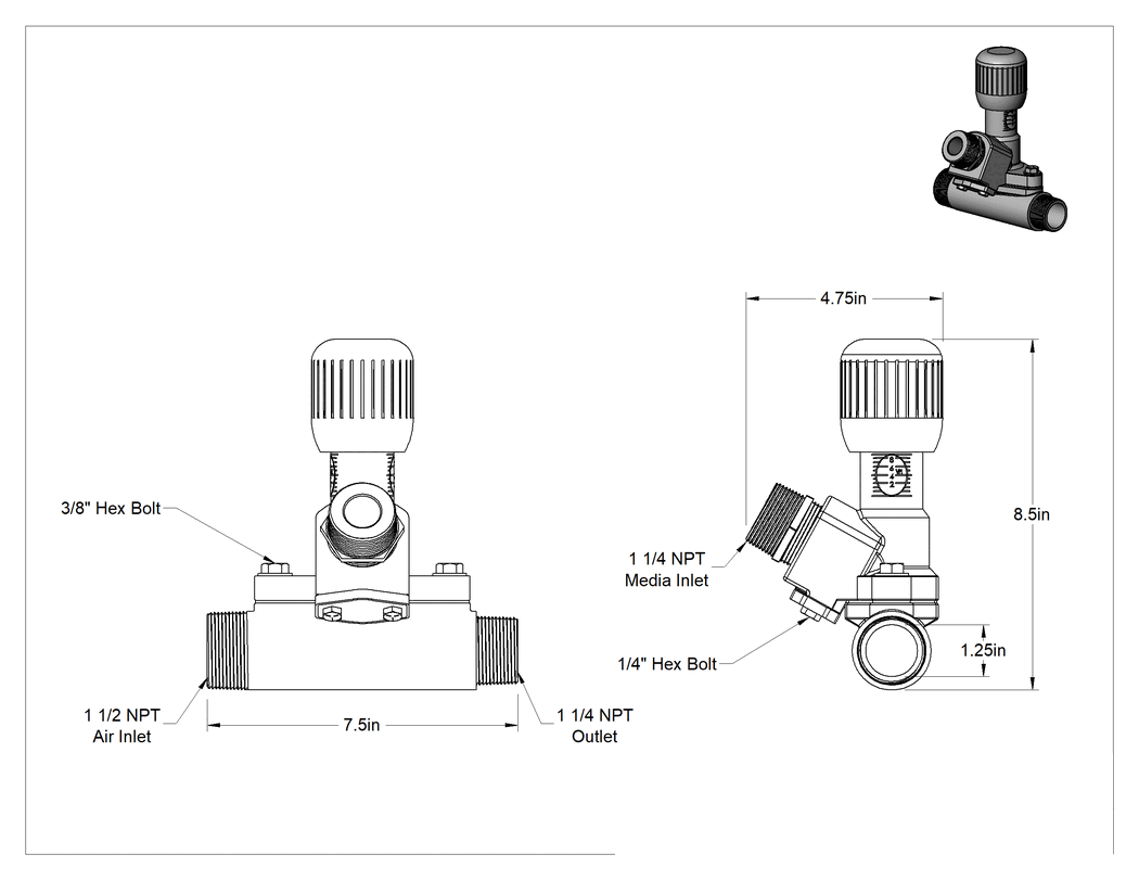 Teknik Çizim - Akış Kontrol Valfi Yuvası, 1-1/2 NPT Erkek Hava Girişi