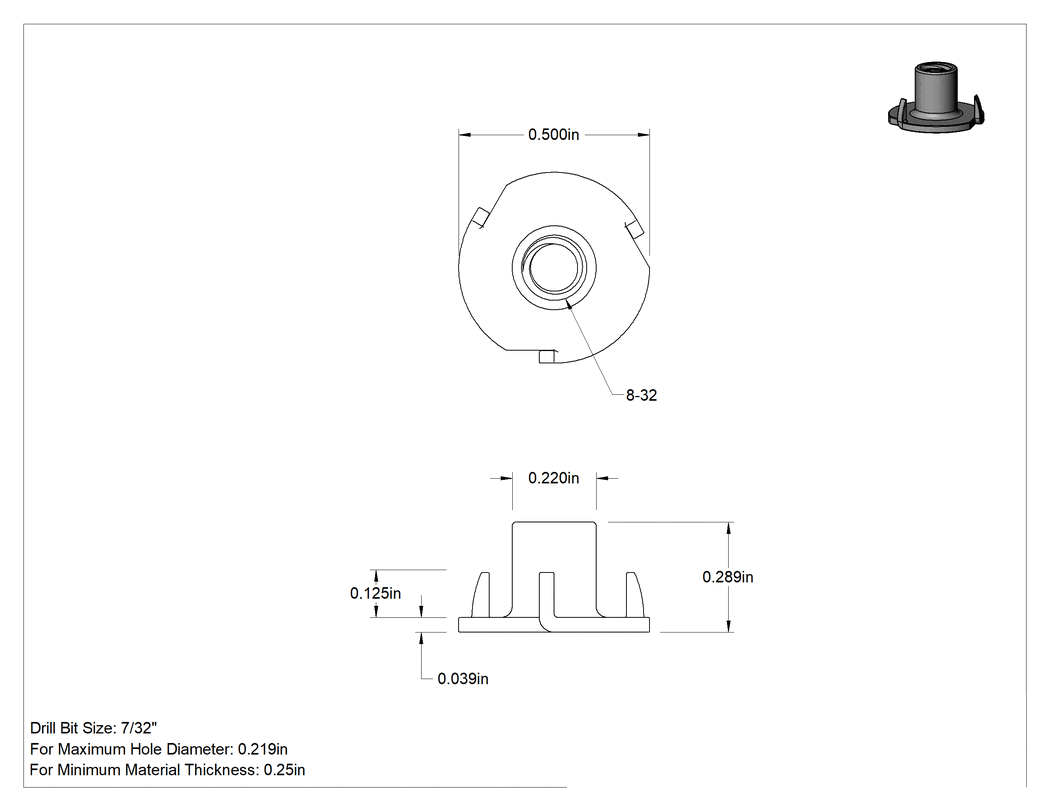 Teknik Çizim - Çelik T Somun Ekleri, Fiberglas için, 8-32 Diş Boyutu, 0.289" Takılı Uzunluk