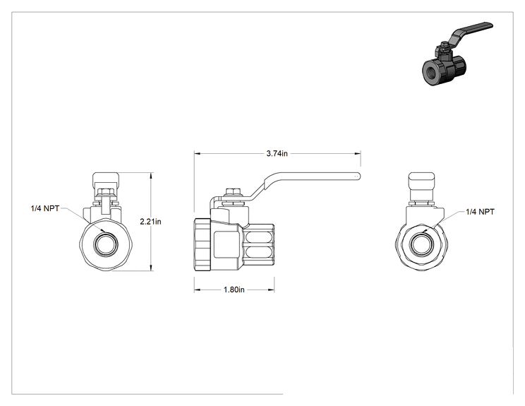 Teknik Çizim - Kol Kollu Bronz Gövde Tam Açıklıklı Açma/Kapama Vanası, 1/4 NPT Dişi x 1/4 NPT Dişi