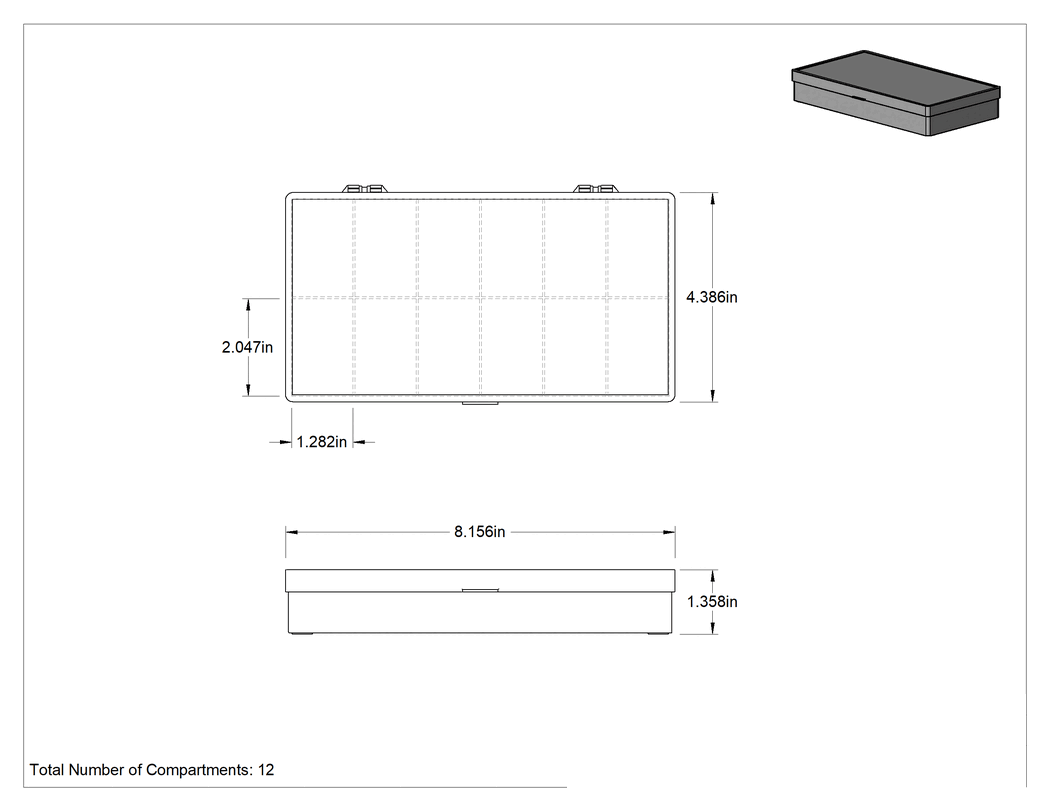 Teknik Çizim - Statik Kontrol Kutusu, 12 Bölmeli, İletken, 8" x 4-1/8" x 1-1/4"