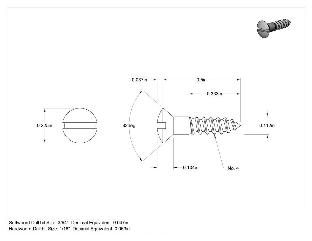 Teknik Çizim - Ahşap için Yivli Oval Başlı Vidalar, 18-8 Paslanmaz Çelik, 4 Numara Boyut, 1/2" Uzunluk