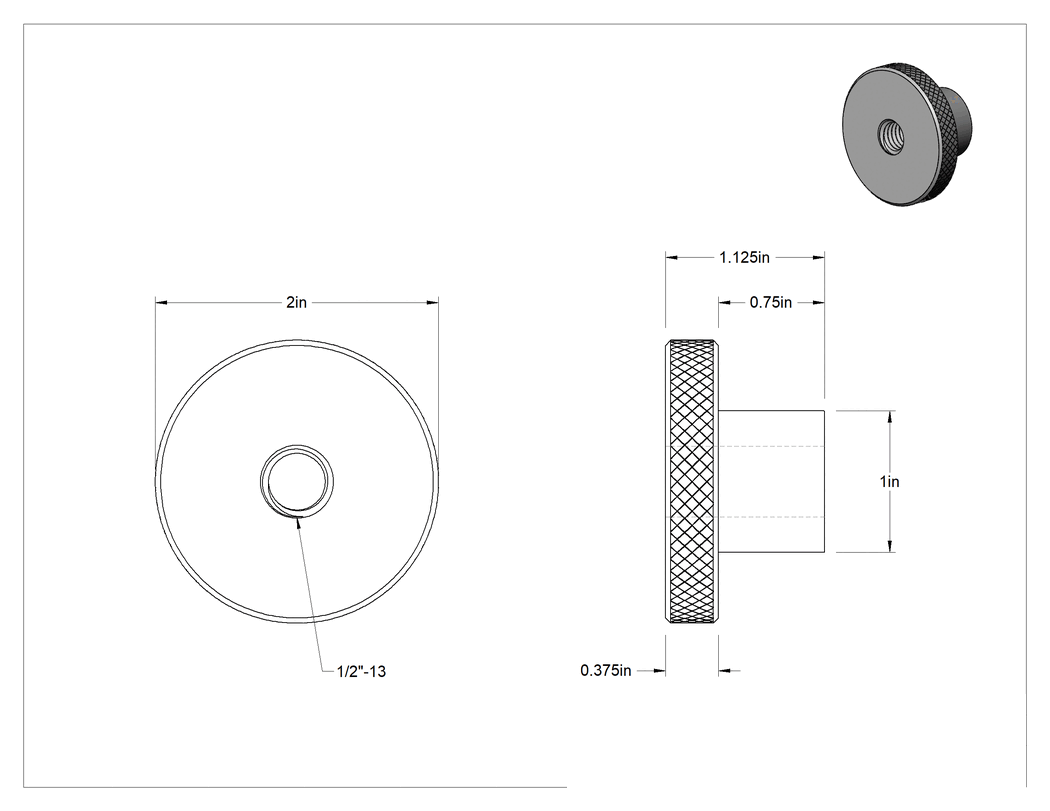 Teknik Çizim - 303 Paslanmaz Çelik Tırtıllı Düğme, 1/2"-13 Dişli Delikli, 2 inç Çapında Başlık