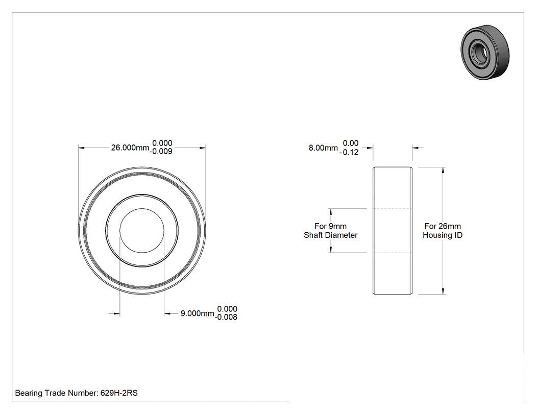 Teknik Çizim - Kalıcı Yağlanmış 440C Paslanmaz Çelik Bilyalı Rulman, Sızdırmaz, Ticaret No. 629H-2RS, 9 mm Mil Çapı için